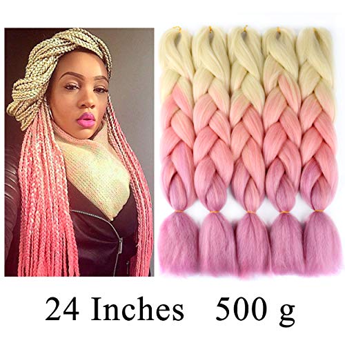 VCKOVCKO Ombre Braiding Hair Kanekalon 3 Tone Synthetic Jumbo Braids for Twist Braiding Hair,Jumbo Box Braiding Hair 24",5 Bundles/Lot,Beige-Pink-Violet