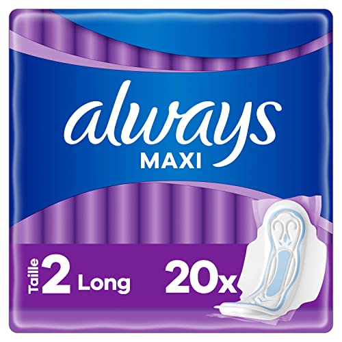 Always Maxi compresas sanitarias tamaño 2 largas 20 compresas con alas, día fluido muy abundante, núcleo muy absorbente y barreras a prueba de fugas