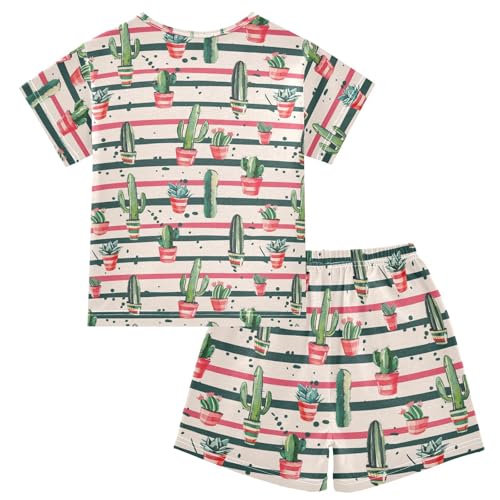 ALAZA Cactus Colorful Stripes Pajama Set Short Sleeve Sleepwear Soft Lounge Nightwear2