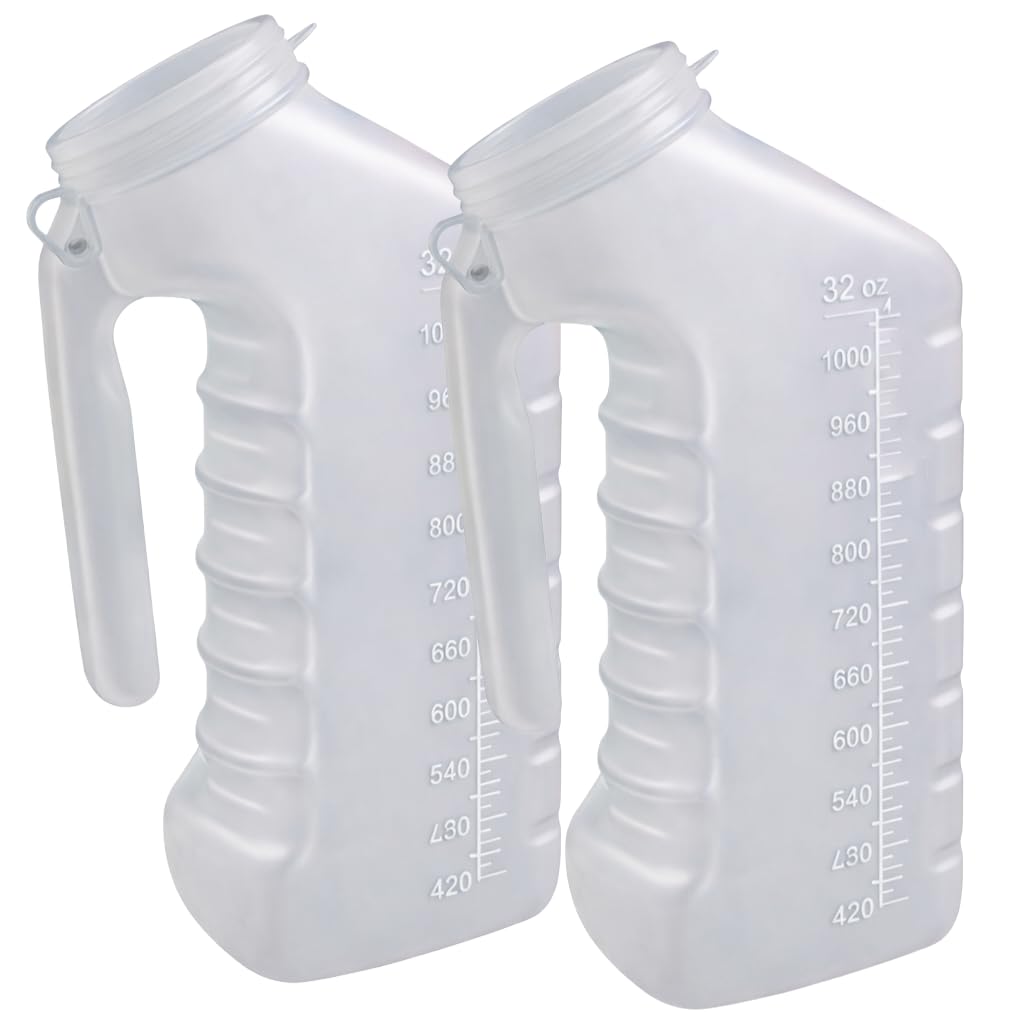 Male Urinal Bottle with Cover & Handle (Pack of 2) – Portable Handheld Pee Bottle for Men, Spill Resistant Urine Container for Bedside, Hospital, Incontinence, Emergency & Travel, Easy to Clean