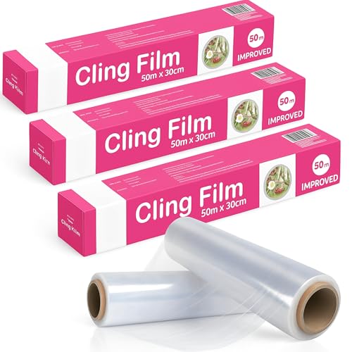 BLISSMART Cling Film Refill & Dispenser 3pk (30cm clingfilm x 50m Each) Catering Cling Film Cutter Microwave-Safe Clingfilm Refill Kitchen Cling Wrap for Packing Food 150m Stretch Wrap Roll for Food