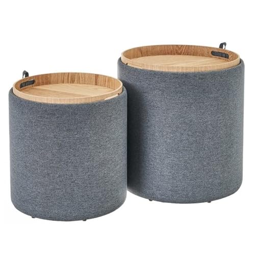 CREASHINE Ensemble Multifonctionnel Table de Canapé/Collation/D'appoint/Basse/Fin/Plateau/Nuit de Table avec Stockage Pouf de Rangement Rembourré Rond Repose-Pieds avec Couvercle Amovible,Gris Cover