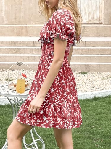 Image of Imily Bela Womens Summer Dress Ruffle Sleeve Sqaure Neck Smocked Sun Dress Casual Boho Beach Floral Mini Dress