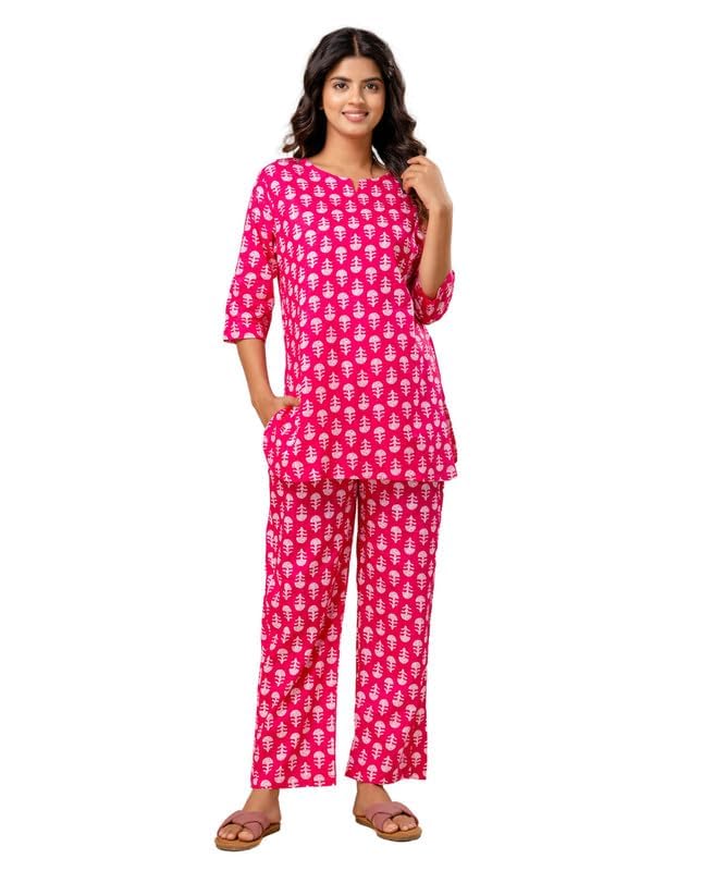 Image of Pure Cotton Printed Night Suit Set | Top Pyjama Set for Women | Night Dress of Kurta Pyjama Set for Women | Kurta Top Set