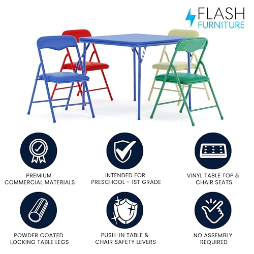 Flash Furniture Mindy Kids 5-Piece set Folding Square Table and Chairs Set for Daycare and Classrooms, Children's Activity Table and Chairs Set, Multicolor
