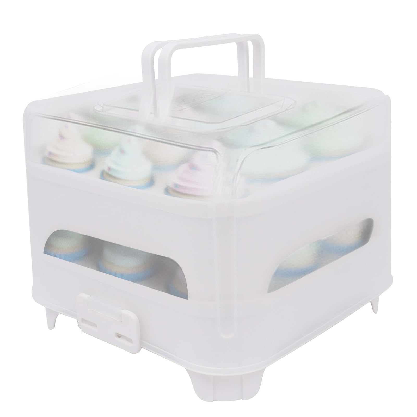Gzsekken Cupcake Carrier with Handle,2 Tier Cupcake Box Bake Cake Holder,18 Muffin Cases with Lockable Lid and Tray,BPA-Free Plastic Storage Container for Baked Goods,Stand and Reusable,White