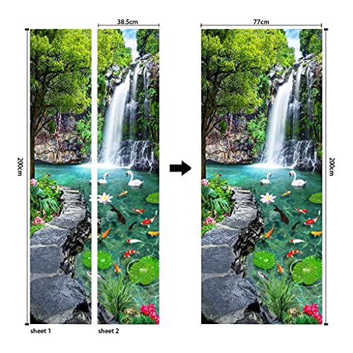 Jtgczi 3D Waterfall Swan Lake Landscape Door Decal Door Stickers Decor Door Mural Poster Removable Vinyl Door Wall Mural Door Wallpaper For Home Room Decoration 30.31"X78.7" #TOP4
