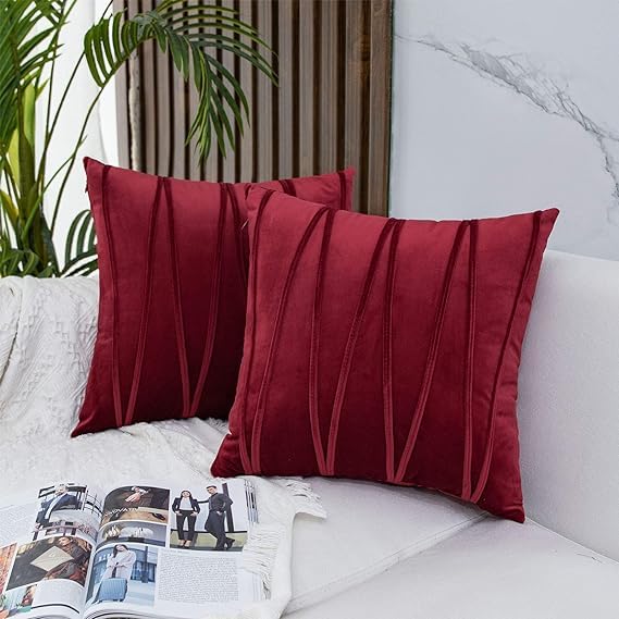 Image of Amazon Brand - Umi Decorative Striped Throw Pillow Covers 16 X 16 Inch,Soft Solid Velvet Pillow Covers Cushion Case with Zigzag Pattern for Sofa Bedroom 40 X 40 Cm (Pack of 2) Wine