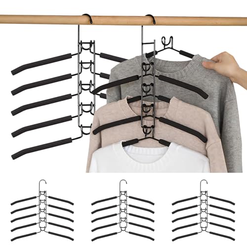 DAWNTREES 4 Pack 5 in 1 Space Saving Hangers,Space Saver Coat Hangers.Anti-Slip Foam Padded Shirt Suit Hanger,Multilayer Metal Clothes Hanger