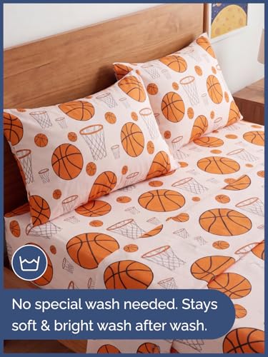 Image of Kids Queen Basketball Hoops Bed Sheets - 4 Piece Basketball Hoops Sheet Set | Basketball Hoops Themed Bedding, Ultra-Soft, Cute & Cozy, Breathable & Machine Washable, Bed Set for Boys, Girls & Teens