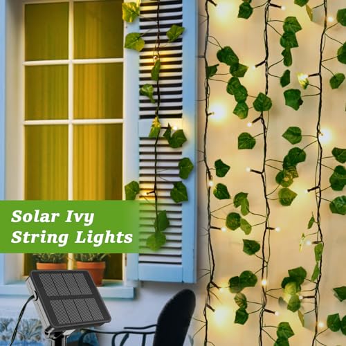 Gcstnn Solar Efeu Lichterkette Aussen, 5M 50LED Solar Efeu Lichterkette, 8 Modi IP65 Wasserdicht Künstlich Efeu Girlande mit Lichterkette