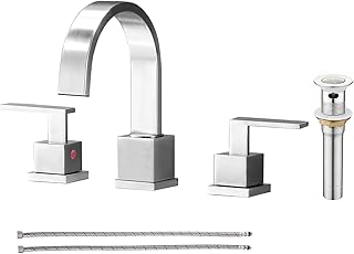 Modern 3 Hole Widespread Brushed Nickel Bathroom Faucet,Waterfall 8 inch 2 Handle Bathroom Sink Faucet Vanity Bathroom Faucet for Sink 3 Hole with Pop Up Drain and Water Supply Lines