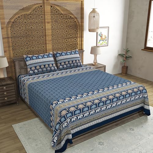 Image of BLOCKS OF INDIA Hand Block Printed 200 TC Cotton Super King Size Bedsheet(106 x 106) | Pack of 1, Batik Blue Elephant