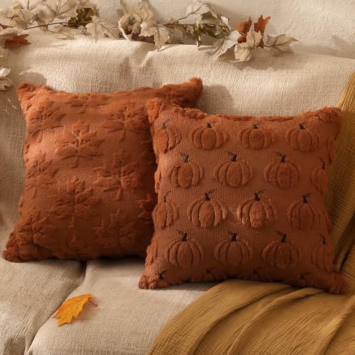 Pumpkin Fall Decorative Throw Pillow Covers 20"x20", Set of 2 Rust Red Soft Faux Fur Pillow Covers for Autumn Harvest, Fluffy Plush Accent Pillow Cases for Farmhouse Couch Cushion Covers