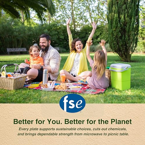 Image of FSE 100% Compostable Paper Plates with 5 Compartments, 8x10 Inch, School Lunch Trays, Heavy Duty Disposable Plates, Eco-Friendly Unbleached Bagasse, Microwave Safe, (Case of 500)