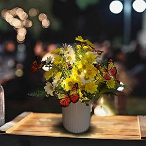 HOSY Artificial Daisy Bouquet in Glass Vase with Fairy Lights, Silk Flower and Butterfly Arrangements for Table Centerpiece Decoration (Daisy) HOSY Artificial Daisy Bouquet in Glass Vase with Fairy Lights Silk Flower and Butterfly Arrangements for Table Centerpiece Decoration Daisy