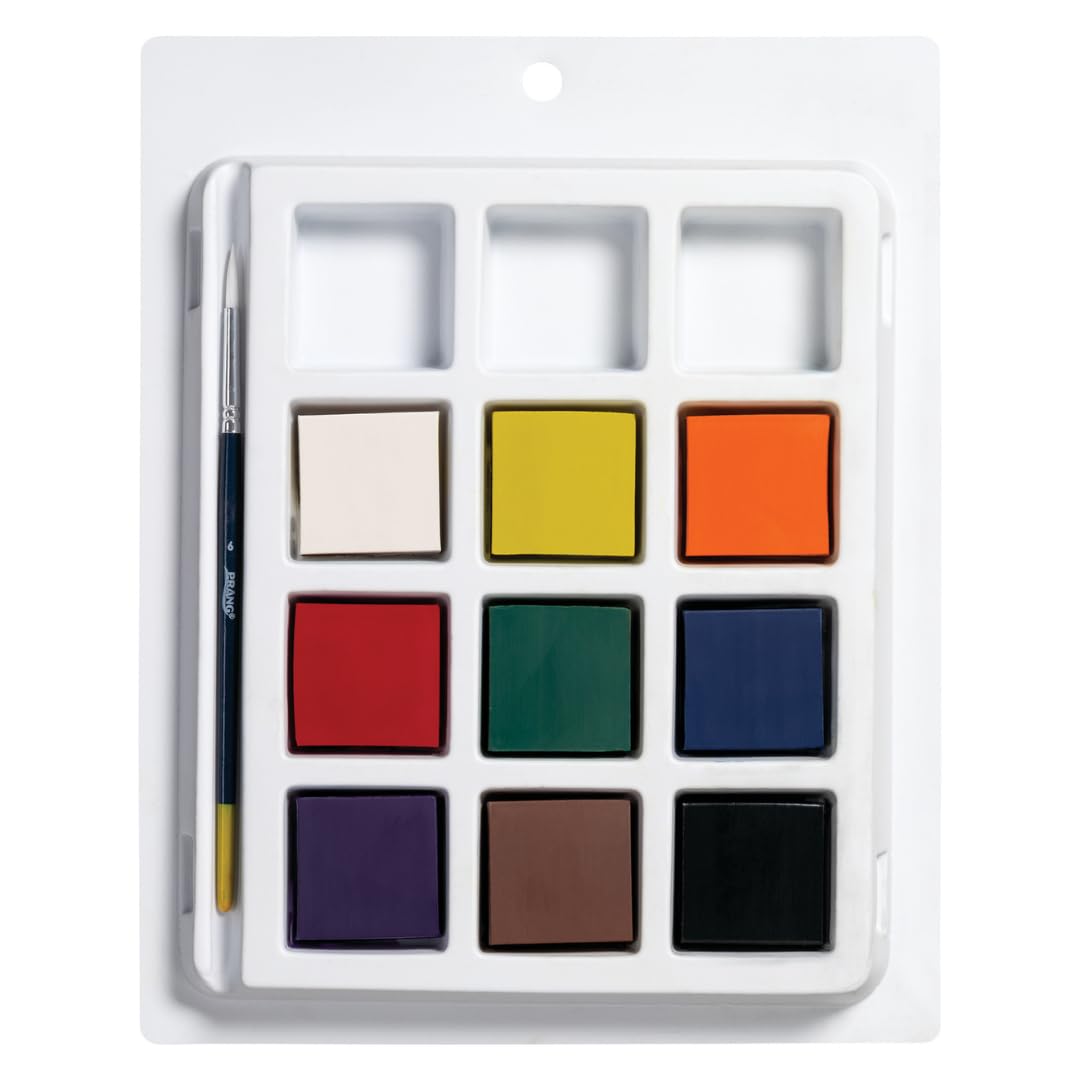 PRANG Gallery Classic Tempera Paint Cakes Lot de 12 pots de 9 couleurs avec poêle divisée et pinceau