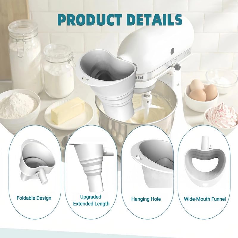 1Pcs Upgraded Foldable Flour Funnel for Mixer,Food-Grade Silicone Funnel,Stand Mixer Kitchen Funnel Attachment for 4.5–7Qt Tilt-Head Models,Dishwasher Safe (White, for 4.5–7Qt) image 3