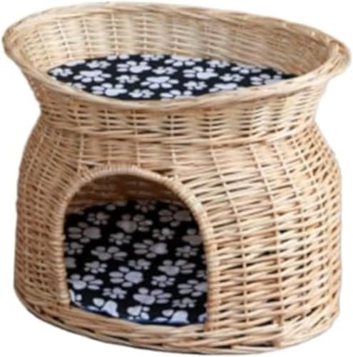 Zxyler ラタン製キャットハウス ペットハウス 手編み 犬猫兼用 ベッド 籐素材 二重構造 マット付き 保温 通年使用 室内用 おしゃれ 多サイズ 多色選択 (げんしょく,52*38*42CM)