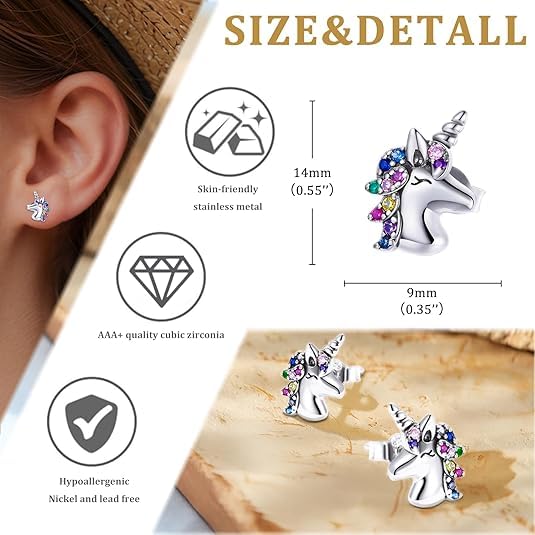 Cute Unicorn Stud Earrings for Girls, Hypoallergenic Tiny Sparkling Crystal Earrings, Best Gift for Daughter, Granddaughter, Birthday, Christmas, Graduation4