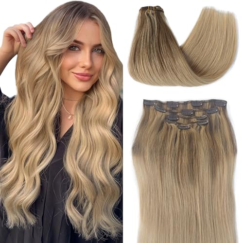 Image of SOSEXY Hair Extensions Real Human Hair Clip ins, 20 Inch Clip in Hair Extensions Real Human Hair Golden Brown Mix Golden Blonde Remy Hair Extension Clips 70g 5 Pcs for Women