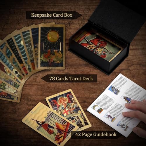 Image of AYME Gold foil Tarot Cards with Guide Book, 78 Cards Tarot Deck for Beginners and Professional Player with Box Tarot PVC Durable Waterproof Wrinkle Resistant (Style 15)