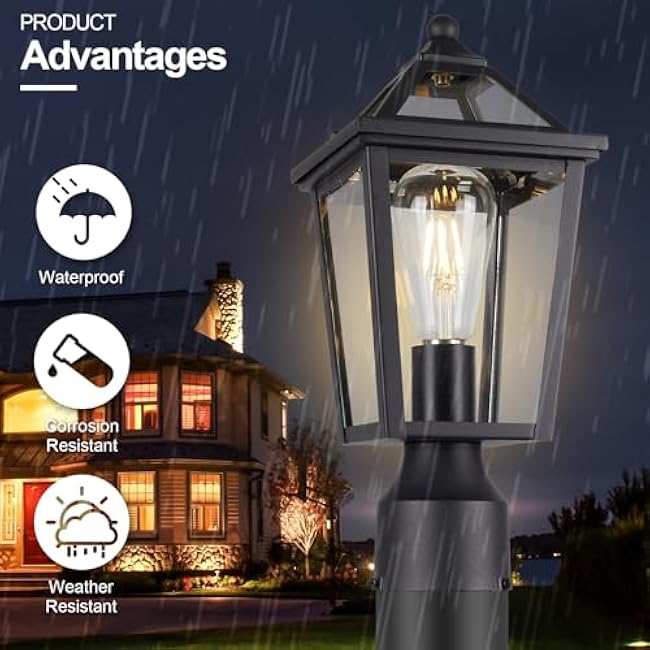 Colonial Outdoor Post Light Fixture,Modern Exterior Pillar Lantern with Black Finish & Clear Glass, Pole Light for Garden, Backyard, Courtyard, Patio, Pathway,RZ-032P-2 BK