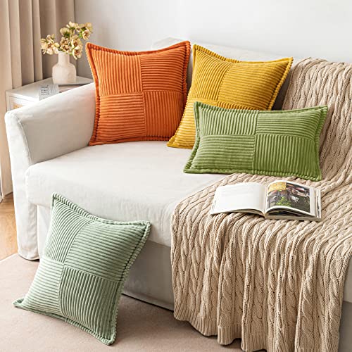 Image of MIULEE Spring Decorative Throw Pillow Covers for Couch Bed Livingroom 20x20 Inch Set of 2 Green Boho Accent Throw Pllows Broadside Striped Patchwork Soft Corduroy Summer Pillowcases