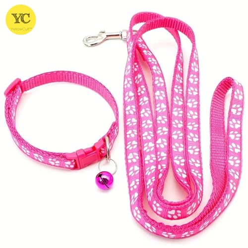 Image of YellowCult Dog /Cat Collar Leash Set with Adjustable Soft Nylon Paw Print Pet Collar for Cats, Puppies, Small Dogs, Fat Rabbits Walking Training, Bell & Quick Release Buckle Safety Lock -[Pink]