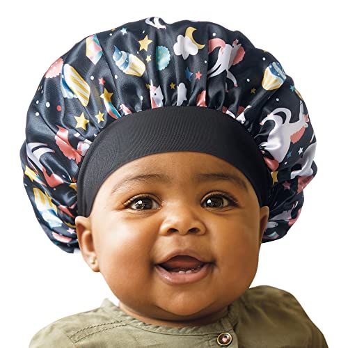 Image of Red by Kiss Baby Satin Bonnet Sleep Cap for Infants, Soft, Stretchy, and Safe, Protects Baby Hair from Frizz & Breakage, Friction Bald Spots (Unicorn/Cupcake, 6-18M)