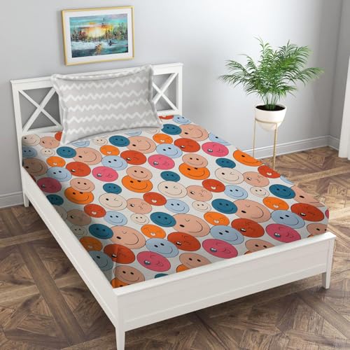 Image of IVAZA Ezyption Cotton Soft and Warm Mix N Match Bedsheet Set for Single Size Bed Soft Durable bedsheet with1 Pillow Cover Smilee Emoji