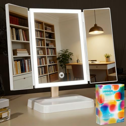 Image of MAYCREATE Tri-Fold LED Makeup Mirror, 90 Swivel Lighted Vanity Mirror with 2X /3X Magnification, 3-Color Dimmable Desk Makeup Mirror, Touch Button, 2400mAh USB Rechargeable Desktop Cosmetic Mirror