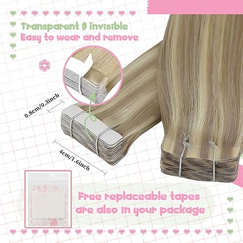 YoungSee Blonde Tape in Hair Extensions Human Hair Highlight Brown Human Hair Extensions Tape 20 Inch Blonde and Light Brown Extensions Tapes for Date Night 20pcs 50g - Image 3