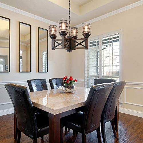 Eumyviv Wood Farmhouse Cage Rustic Chandelier Kitchen Island 4 Lights, 23.9" Industrial Dinning Table Pendant Lamp Vintage Edison Ceiling Light Fixture, Brown & Black(C0074) #TOP1