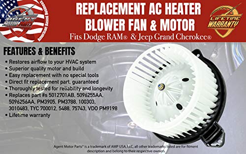 Replacement AC Heater Blower Motor Fan - Replace 5012701AB, PM9198, 700012, 5096255AA, 5096256AA - Compatible with 2002-2008 Dodge Ram 1500, 2500, 3500, 02-04 Jeep Grand Cherokee - Air Conditioner Fan
