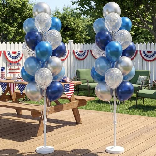 Image of Blue Silver Balloon Column Kit Set of 2 With Dark Navy Confetti Balloons Included-Balloon Tower Stand, Base&Pole,Backdrop Decoration for Wedding, Baby Shower,Birthday,Graduation,Engagement Party