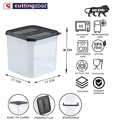 Image of Cutting EDGE 4.5 Litre Airtight Modular Container Set of 2, Leak Resistant Durable Plastic Kitchen Storage Organizer Box for Rice, Dal, Atta, Flour, Cereals & Snacks (Black Lid)