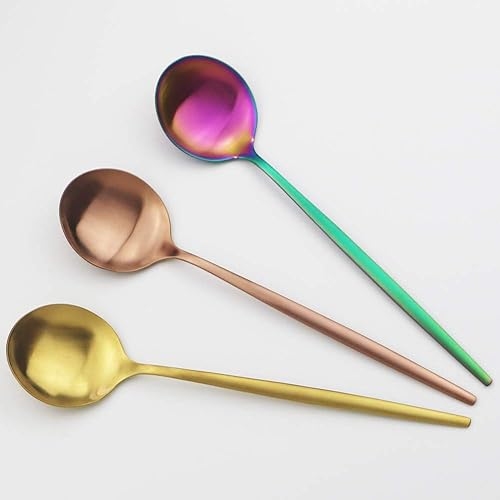 Miniatura 2 de Juego de 6 cucharas doradas mate de acero inoxidable, cuchara de sopa, cuchara de postre de mango largo para ensalada de arroz y gachas de avena