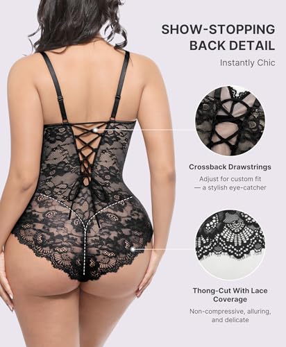 SHAPELLX Lace Bodysuit for Women V Neck Tummy Control Shapewear Thong Body Shaper Body Suit2
