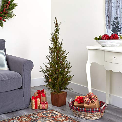 4Ft. Alpine “Natural Look” Artificial Christmas Tree In Wood Planter With Pine Cones #TOP3