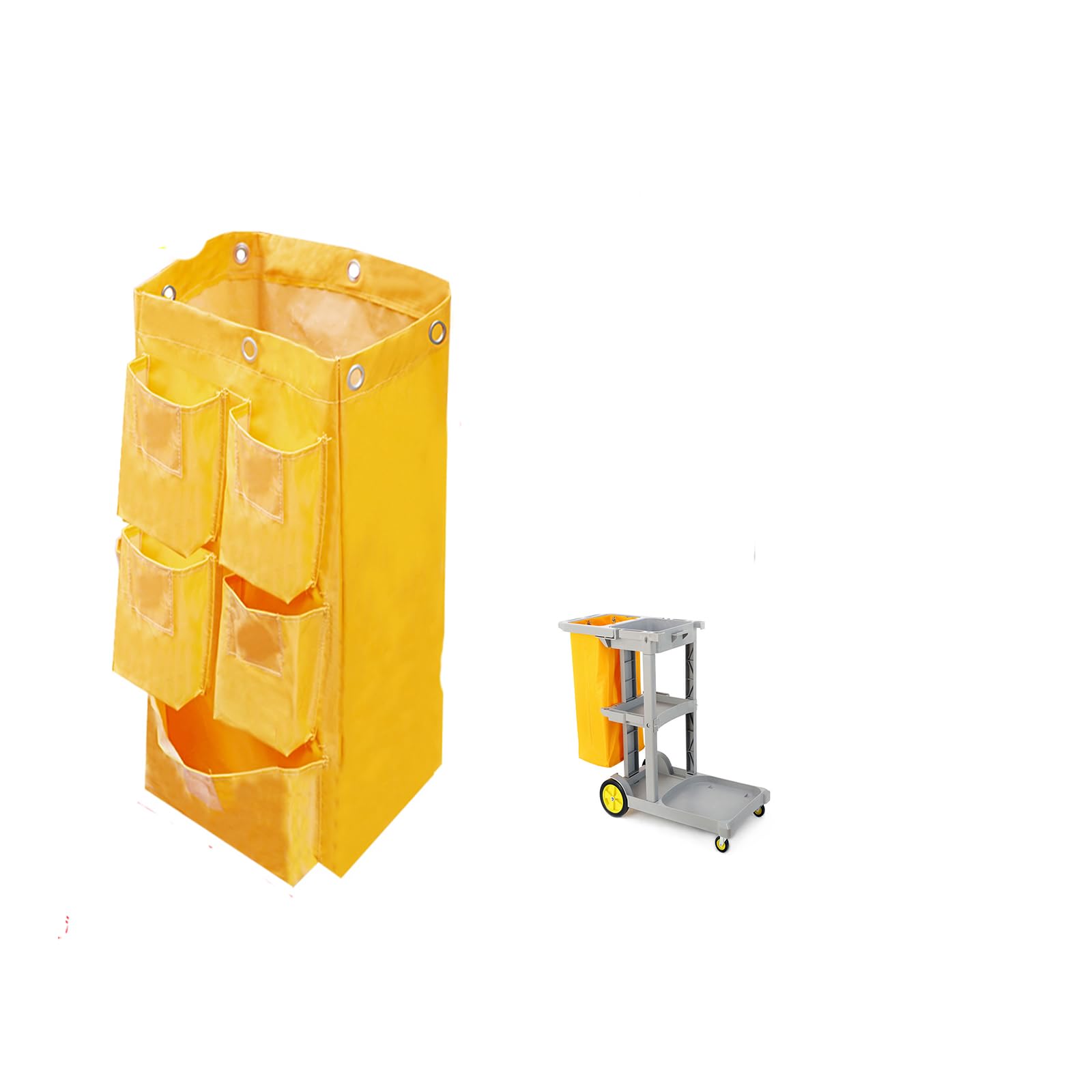 Replacement Janitorial Cart Bag with 5 Pockets,25 Gallon Housekeeping cart Bag High Capacity Waterproof Thickened Commercial Janitorial Cleaning Cart Bag with 6 Brass Grommets (Yellow with 5 Pockets)