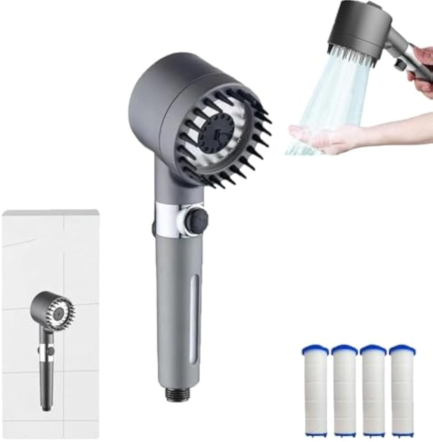 Drivse Showerhead, Drivse Iondrops Showerhead with Filters for Hard Water, Less Water Up to 40%,Handheld High Pressure Power Shower Head (Shower Head + 4 Filter cartridges)