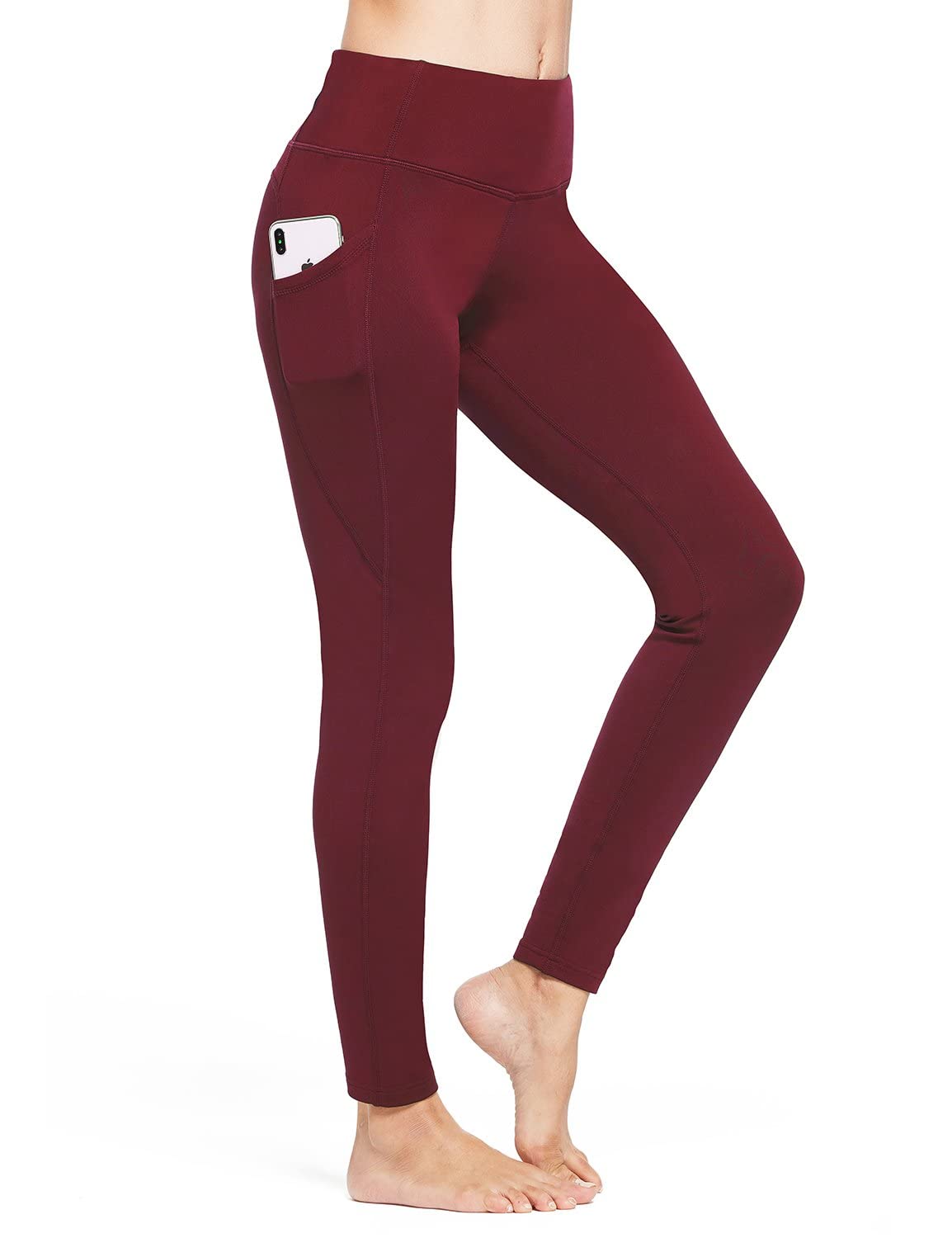 BALEAFWomen's Fleece Leggings Thermal Pants with Pockets Winter Warm High Waisted Yoga Trousers Ruby Wine XXL