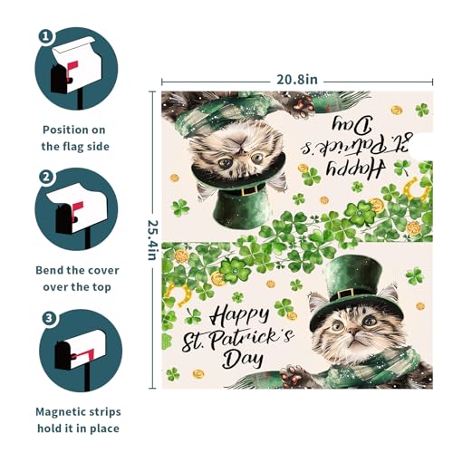 Image of Patrick Cat Magnetic Mailbox Cover 25.5x21 Inch Happy St. Patrick's Day Clover Shamrocks Kitten Mailbox Wrap Post Cover Standard Size for Garden Yard Outdoor Outside Patio Holiday Decor