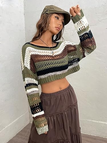 Milumia Women's Striped Long Sleeve Crop Sweater Boat Neck Drop Shoulder Loose Knit Pullover Tops4