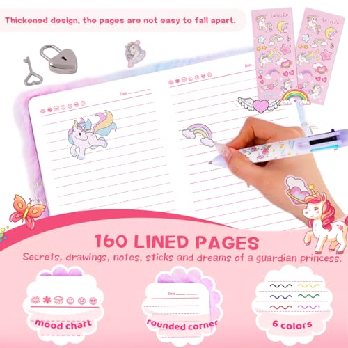 Image of Unicorn Diary with Lock for Girls,Cute Plush Journal Notebook Set for Kid with Stickers,Fluffy Secret Notebook for Writing and Drawing Gifts for Girls ages 6-8