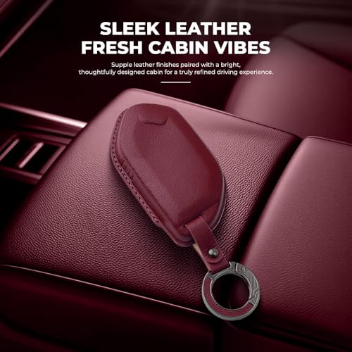 Image of Keyzone Premium Leather Key Cover & AC Vent Car Perfume Combo (4 Fragrances) | Compatible for Kia Seltos 2026, Syros, EV6, EV9 4 Button Smart Key (Red)
