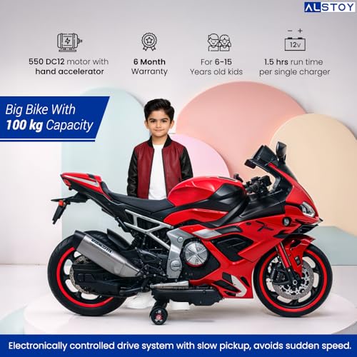 Image of Alstoy Big RR Kids Electric Toy Ride-On Bike| 12V Rechargeable Battery Operated Bike for Kids | Bluetooth Music | 100 kg Capacity | BIS /ISI Approved | Boys & Girls Age 6 to 15| 6-Month Warranty| Red