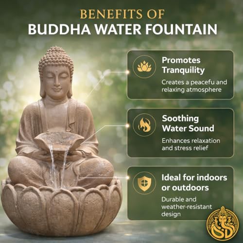 Image of 2 Feet Kamal Buddha Water Fountain for Home & Garden|Fiber Buddha Fountain with LED Light|Indoor Outdoor Fountain for Vastu & Positivity (Beige, 2 Feet Kamal Buddha Fountain)