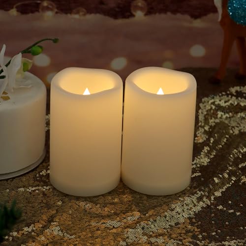 Image of CANDLE CHOICE Waterproof Outdoor Battery Operated Flameless Candles with Remote Timer Plastic Flickering Fake Electric LED Pillars for Lantern Garden Wedding Christmas Decorations 3x5 Inches 2 PCS